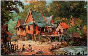 Vintage 60er Jahre THAILAND Postkarte "Typisch Thai Gehöft auf dem Land" Chrom - Bild 1 von 2