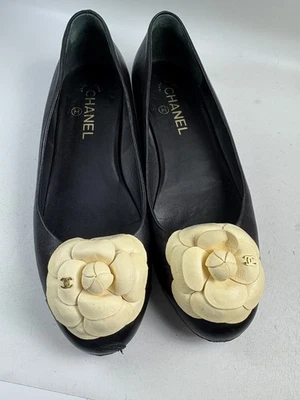 CHANEL Black Leather Ballerina Ballet Flats with Ivory Camelia Flower 40 - Image 1 of 4
