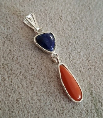ciondolo vero corallo Di Sardegna Naturale Argento 925 Lapislazzulo Pendente  - Immagine 1 di 4