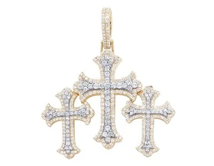 Tri-Cross 2 CT Real Diamond Pendant 10K Yellow-White Gold 1.8" - Picture 1 of 4