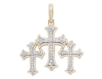 Tri-Cross 2 CT Real Diamond Pendant 10K Yellow-White Gold 1.8" - Image 1 of 4