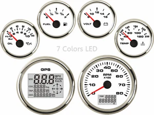 6 Gauge Set GPS Speedometer MPH KMH Tacho Fuel Volts Oil Temp White 7 Colors LED - Foto 1 di 12