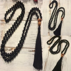 8mm Natural Black Agate Gemstone 108 Beads Mala Necklace Spiritual Healing - Picture 1 of 6