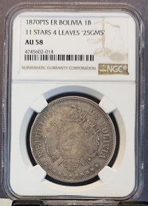 1870 PTS ER BOLIVIA SILVER 1 BOLIVIANO 11 STARS 4 LEAVES NGC AU 58 SCARCE COIN - Picture 1 of 3