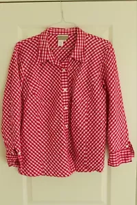 Coldwater Creek 100 % Seide lila rosa kariert Knopfleiste Langarm Top Tunika - Bild 1 von 4