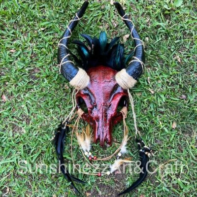 Red Ancestral Demon Animal Skull with Horned & Feather Masquerade Party Mask - Image 1 of 4