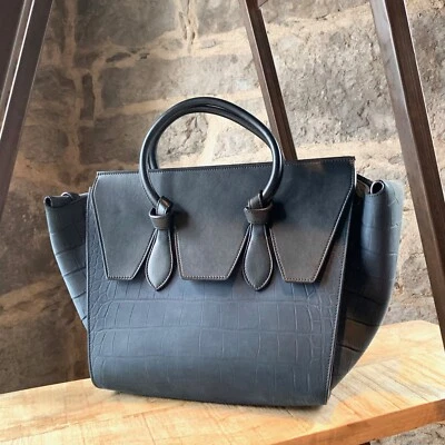 Céline Midnight Blue Croc Embossed Nubuck Small Tie Tote Bag Foto 1 de 4