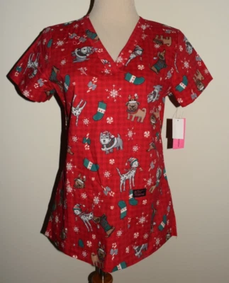 New Womens Betsey Johnson Scrub Top Small Red Christmas Holiday Dogs Nurse Shirt - Image 1 of 3