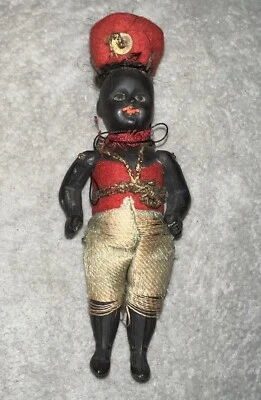 "Muñeca de bisque articulada Kestner 4"" mignonette negra antigua ojos de vidrio vestimenta étnica" Foto 1 de 4