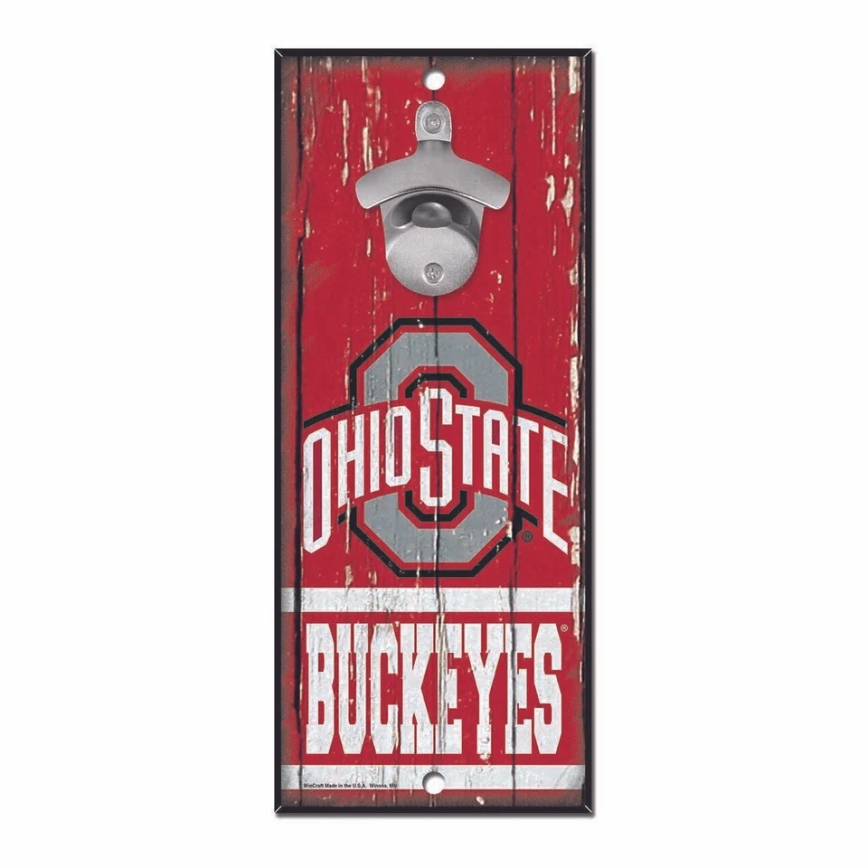Ohio State Buckeyes BOTTLE OPENER SIGN 5"X11" HARDBOARD W/ CAST METAL OPENER - Image 1 of 1
