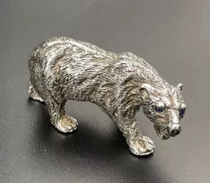 Sterling Silver Miniature Bear Figurine With Sapphire/ Cobalt Glass Eyes Signed - Picture 1 of 12