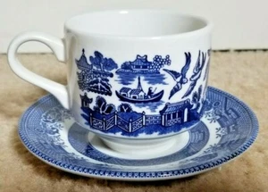 Churchill Coffee / Tea Cup & Saucer Set Blue Willow Design Made in England - Picture 1 of 6