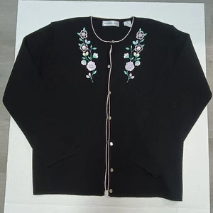 Vintage Northern Isles Black Cardigan Embroidered Floral Sweater XL - Picture 1 of 8