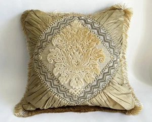 Sweet Dreams 17 x 17'' Pillow Gold Embroidered Satin/Velour/Fringe - Picture 1 of 9