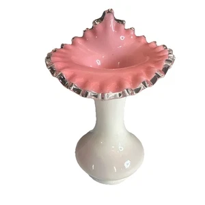 Vintage Fenton weiß-rose Wappen Jack in der Kanzel Vase 8,5" gekräuseltes Glas lesen - Bild 1 von 10