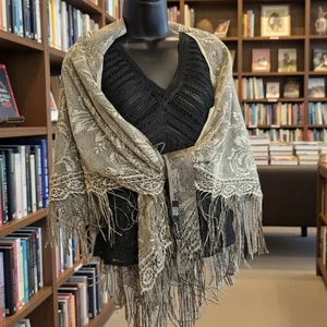 Cejon Witchy Shawl Lacy Fringe Black and Gold Formal Evening Scarf Romantic - Picture 1 of 7
