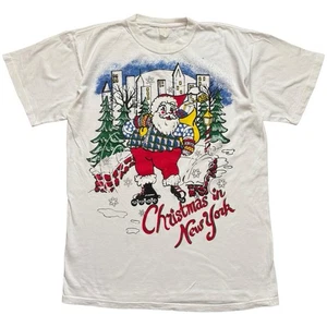 Vintage 80s Christmas in New York Santa Roller Skating Graphic T-Shirt Sz XL - Picture 1 of 7