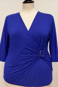 Michael Kors Plus Women’s Blouse Size XXL Blue Wrap Look Gold Detail Career - Picture 1 of 10