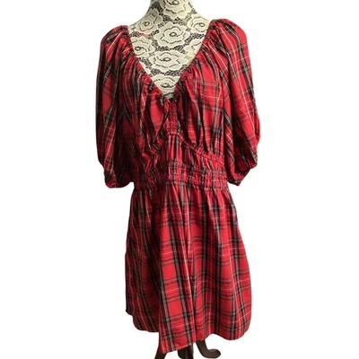 Old Navy Waist-Defined Red Puff-Sleeve Plaid Seersucker Mini Dress size XL - Image 1 of 4