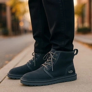 UGG Harkley Chukka Boots Men’s Size 8 Black Suede Sheepskin Lace-Up - Picture 1 of 21