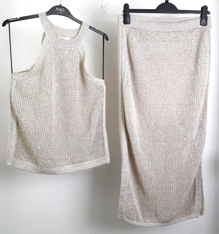 M&S Women's Glitter Knit Halterneck & Midi Skirt 2xPcs Size M Gold NWOT F2 - Image 1 of 4