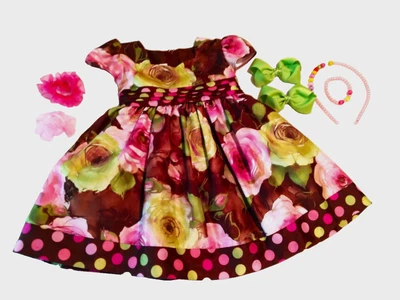 *7 PZ ABITO/POIS FLOREALE ROSA VERDE MARRONE❤12M❤BRACCIALE+FASCIA+FIOCCHI+SCRUNGY - Immagine 1 di 4