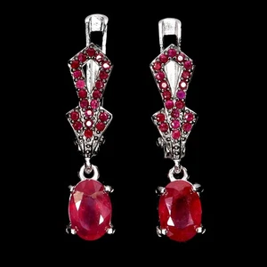 925 Sterling Silver Earrings Oval Ruby 7x5mm Ruby Dianmond Cut Gemstone Jewelry - Picture 1 of 13