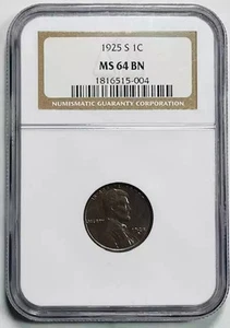 1925 S Small Cents Lincoln Wheat Penny NGC MS-64 BN - Picture 1 of 2