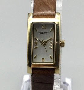 Kenneth Cole Reaction Tank Damenuhr 15 mm goldfarben braun Leder neue Batterie - Bild 1 von 15