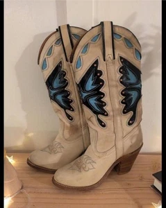 Vintage Butterfly Cowboy Boots Britney Spears Miss Capezio Tan Turquoise 6.5 - Picture 1 of 8