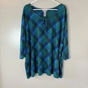 Catherines Plaid Tunic Top Green Polyester Blend Blouse 3/4 Sleeve Sz 3XW Petite - Picture 1 of 6