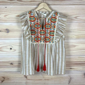 Savannah Jane Top Womens Large Aztec Embroidered Beige Striped Western Boho - Picture 1 of 9