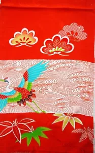 Vintage Japanese Girl's Kimono Rinzu Silk Fabric, Red Crane Waves 116cm(46") - Picture 1 of 10