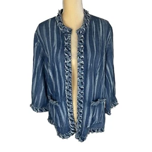 Chico’s Denim Striped Frayed Open Front Blazer Jacket Women's Size XL ( Chico 3) - Picture 1 of 11