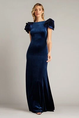 NEW, TADASHI SHOJI Maylee Rosette-Shoulder Velvet Gown Navy Size XL #LD28 - Image 1 of 4