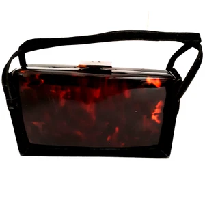 Vtg Tortoise Lucite Handbag Clutch Suede Carry Sleeve Black  Mirror Comb Make Up - Picture 1 of 24