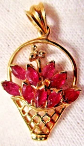 VINTAGE 14K GOLD NATURAL RED RUBY FLOWER BASKET PENDANT CHARM - Picture 1 of 6