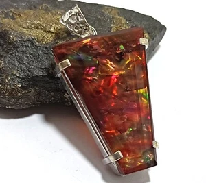 Certified Fancy Cut 80.25 Ct Natural Ammolite Solid Silver Pendant Gemstone - Picture 1 of 8