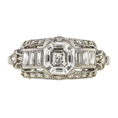 Art Deco  Lab Created Diamond Bridal Wedding Fancy Ring 14K White Gold Finish - Image 1 of 4