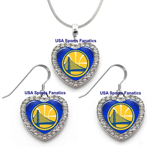 Golden State Warriors 925 Necklace or Earrings or Set Team Heart W/ Rhinestones Cover