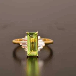 Vintage Emerald Cut Natural Peridot Yellow Gold Plated On Silver Engagement Ring - Picture 1 of 5