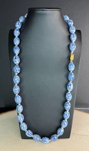 Vintage Chinese Blue & White Porcelain Oval Bead Necklace - 28" - Picture 1 of 8