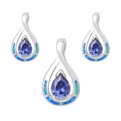 Pear Shape Tanzanite & Blue Opal Earrings & Pendant Set .925 Sterling Silver Ear - Image 1 of 2