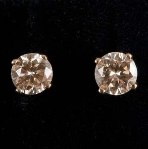 14k Yellow Gold Round Top Light Brown Diamond Solitaire Stud Earrings .50ctw - Picture 1 of 12