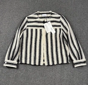 Chaqueta Akris Punto Mujer US 6 Negra Crema Rayas Flecos Borde Mezcla Algodón Nueva - Imagen 1 de 14