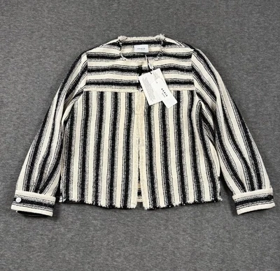 Chaqueta Akris Punto Mujer US 6 Negra Crema Rayas Flecos Borde Mezcla Algodón Nueva Foto 1 de 4