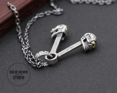 Pesado Collar de Plata de Ley 925 Calavera Pistón Motociclista Gótico Motor V-Twin Para Hombres Foto 1 de 4