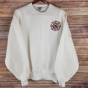 Vintage Fire & Rescue Department  90s Y2K White Sweater Medium EMBROIDERED LOGO - Picture 1 of 12