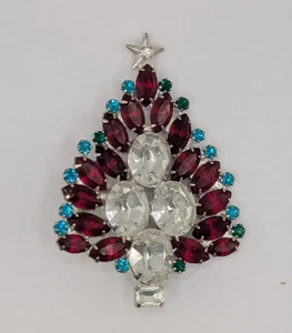 Vintage Christmas Tree Pin Large Clear Rhinestones with Red Green Aqua - Picture 1 of 4