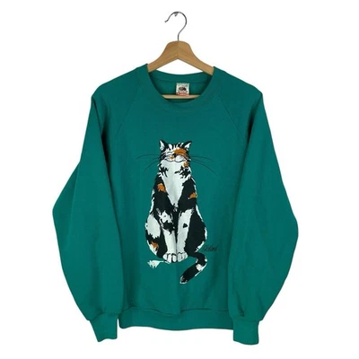 De Colección Gato Cuello Redondo Mujer Verde Años 80/90 Doble Cara Broma Divertida Arte Cómic Talla Grande Foto 1 de 4